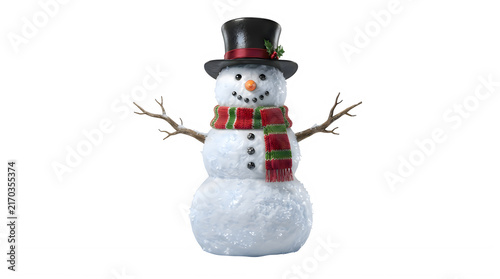 Happy snowman wearing a black top hat and a festive red and green winter scarf for christmas