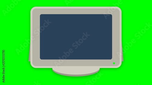 A 2D animation shows a flat-screen monitor displaying a glowing 'ON' text before powering down with a classic CRT television turn-off effect against a green screen background