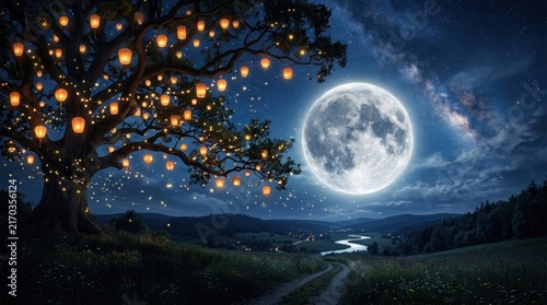 Mid autumn festival landscape featuring large tree decorated with glowing lanterns, huge full moon, starry sky with Milky Way and winding path through valley.
