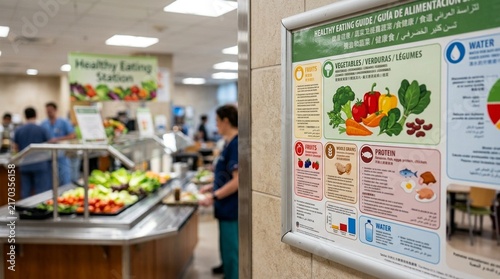 Multilingual Nutrition Education Poster Displayed in a Hospital Cafeteria near a Healthy Eating Station