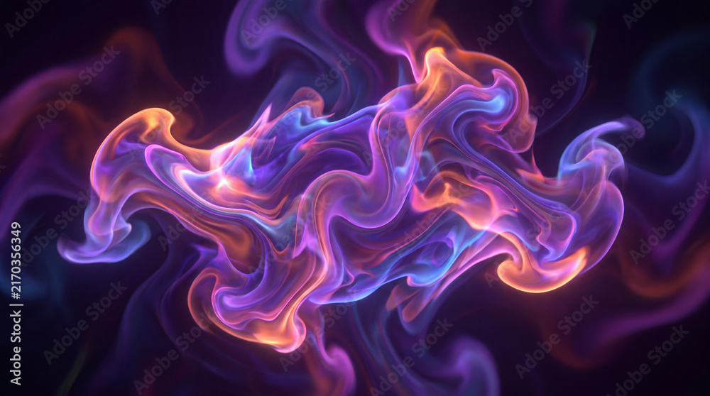 Obraz premium Abstract Glowing Purple and Orange Smoke Fluid Dynamics on Dark Background