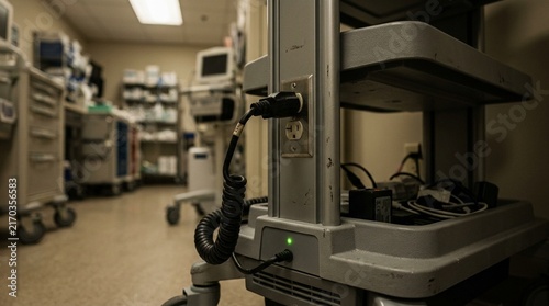 Video Interpretation Cart Resting Quietly in a Charging Bay at the End of a Busy Hospital Shift