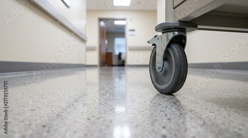 Video Interpretation Cart Wheel Rolling across a Polished Hospital Floor toward a Patient Room