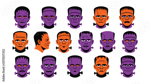 Set of diverse frankenstein monster face icons in various spooky expressions