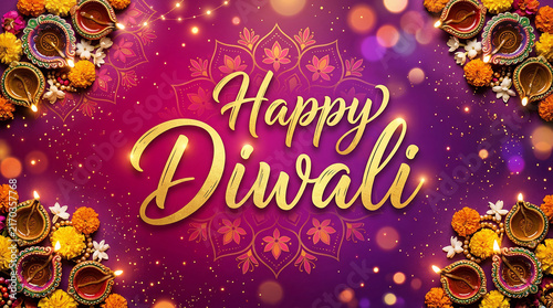 Festive Diwali Greeting with Diyas and Sparkling Lights