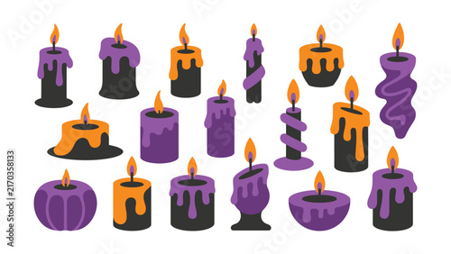Set of diverse purple and orange halloween candles with glowing flames