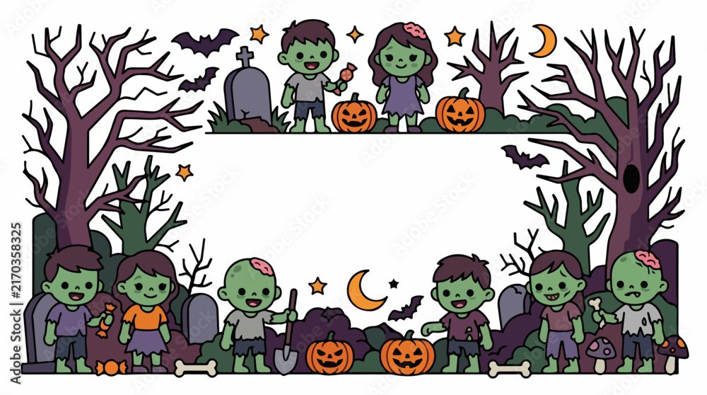 Fototapeta premium Halloween zombie kids with pumpkins and graveyard scene