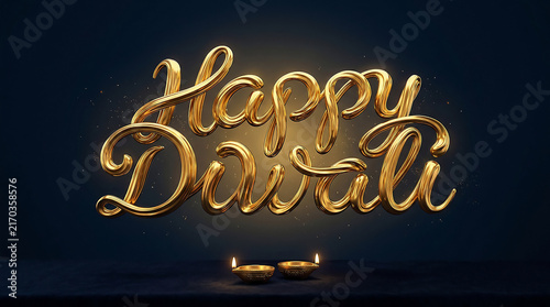 Diwali Celebration with Glittering 'Happy Diwali' Sign and Festive Lights
