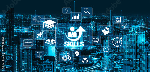 Digital Skills Development and Growth Concept with Technology Icons and Urban Night Cityscape in Background for Education and Professional Training Themes Quark.