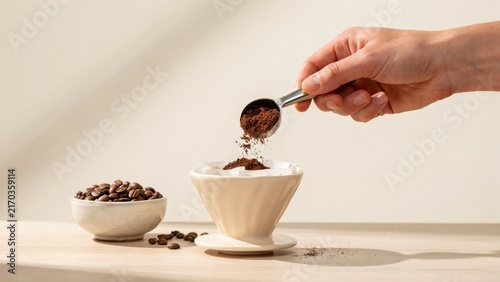 Hand pouring ground coffee into brewing cone with grounds white ceramic ceramic filter light light wooden surface captures hand pouring brown
