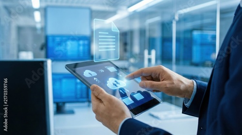 Digital enterprise resource planning software system manages workflow with cloud data and document sharing on tablet device in office