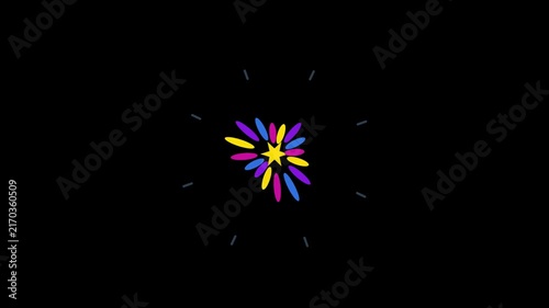 Colorful motion graphic burst animation radiating glowing rays and petals in vibrant kaleidoscope pattern against black background for creative intro effects.