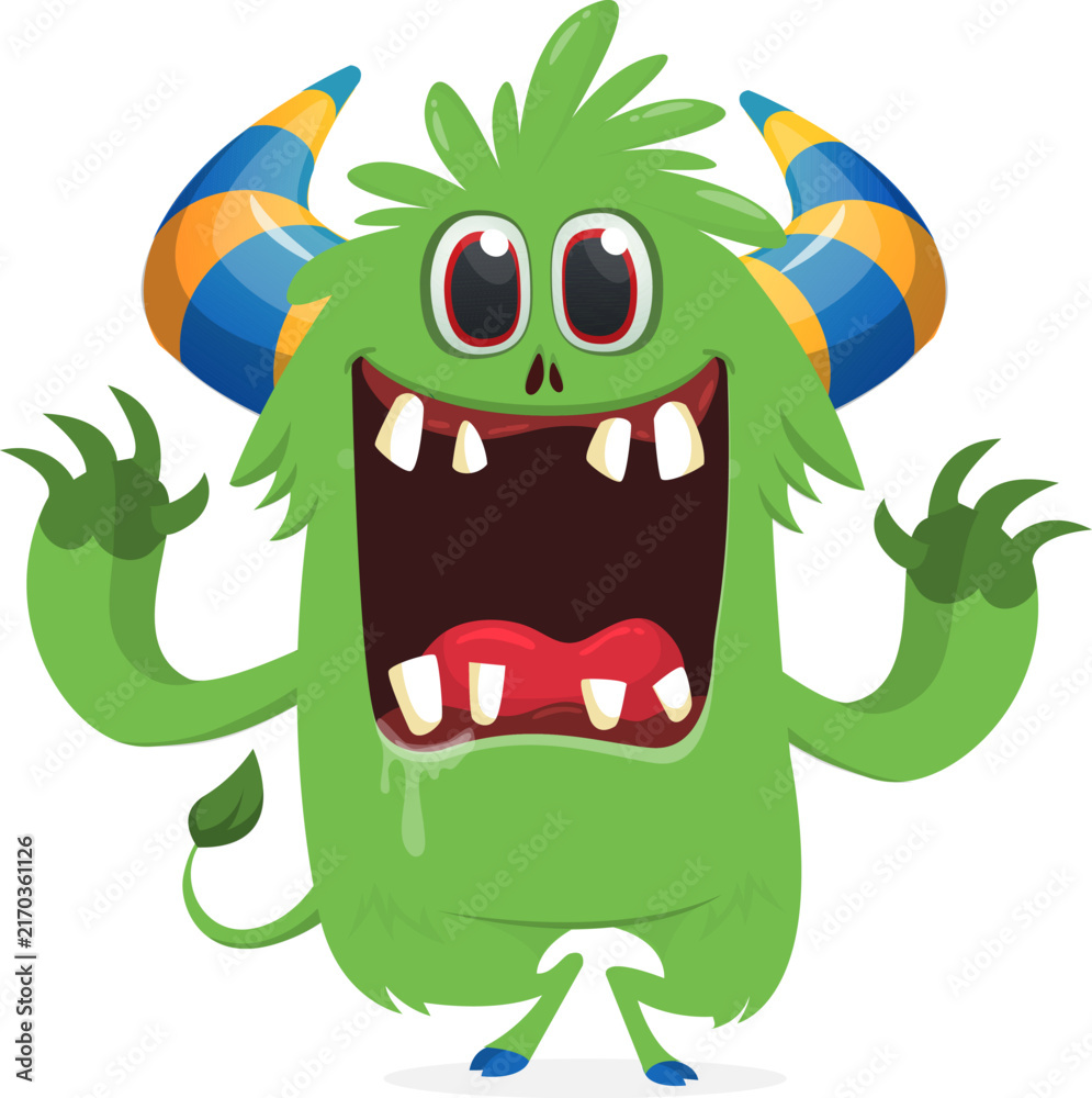 Fototapeta premium Furry Funny Cartoon Monster with Big Mouth and Sharp Teeth Isolated