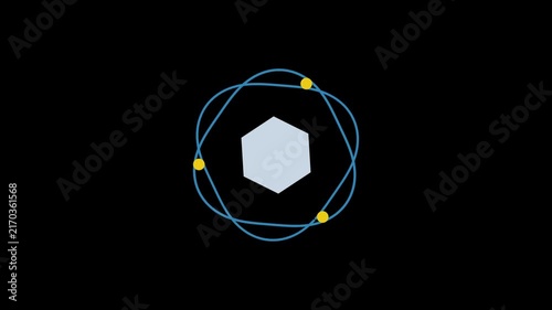 Animated atomic structure featuring spinning electrons circling central nucleus core against black background for scientific research and educational presentations.