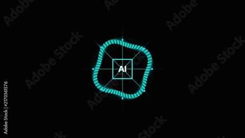 Abstract circular digital hud element with glowing cyan wave pulse animation and central artificial intelligence text sign isolated on simple dark black background.