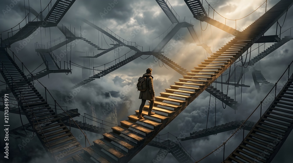Naklejka premium Adventurous traveler with backpack walking upward on endless wooden stairs floating high above dense misty clouds under dramatic golden sunlight in a surreal fantasy landscape setting