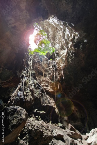 Low angle view of a dark cave exit with sunlight streaming into the cave shaft.