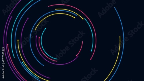Abstract Circular Arc Lines With Colorful Dots On A Deep Dark Background