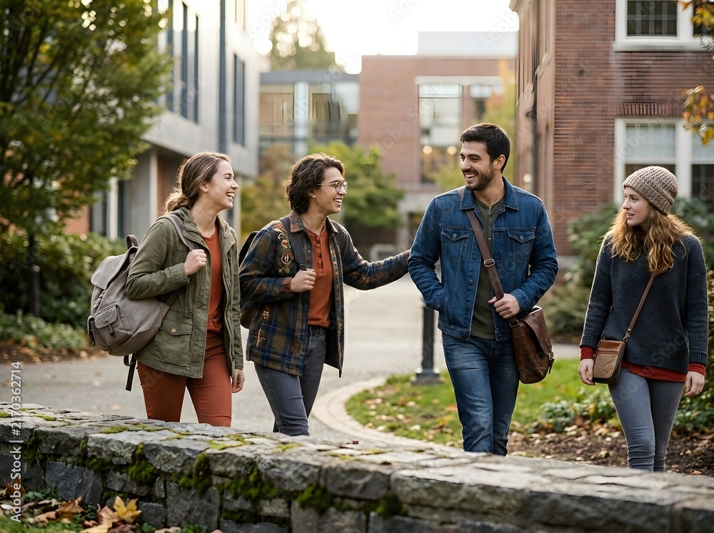 Fototapeta premium Happy college students walking and talking on university campus path