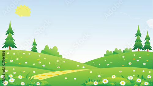Принти на полотні Rolling green hills and trees depict a sunny landscape illustration