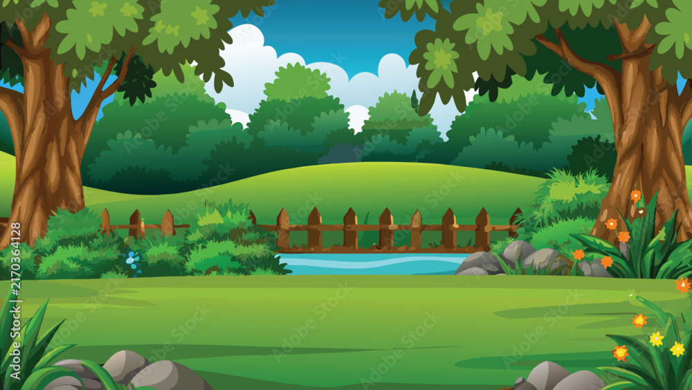 Obraz premium Cartoon forest scene depicts rolling hills a river and lush greenery