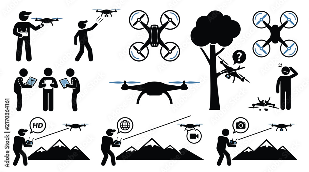 Fototapeta premium Black vector illustration set showing people operating remote control drones in various professional outdoor scenarios