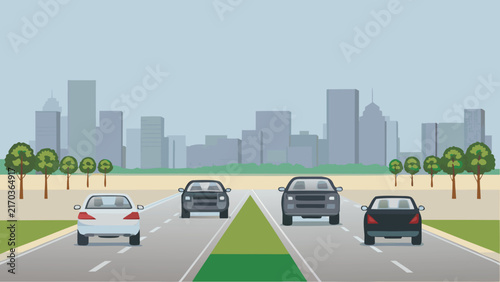 Cars travel along a city highway with a skyline backdrop