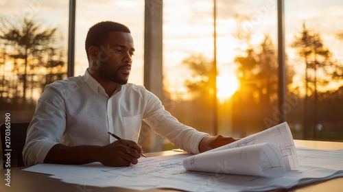 Professional man working on architectural plans during sunset at office window