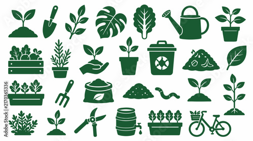 Garden Plant Icon Collection Focused on Leaves and Pots.