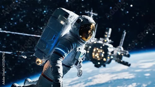 Astronaut performing spacewalk near orbital space station.