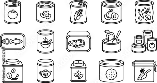 Canned Food Packaging and Preserved Grocery Products Line Icon Set Featuring Tomato Soup Beans Corn Fish Meat Fruits Tea Coffee and Biscuits Tins