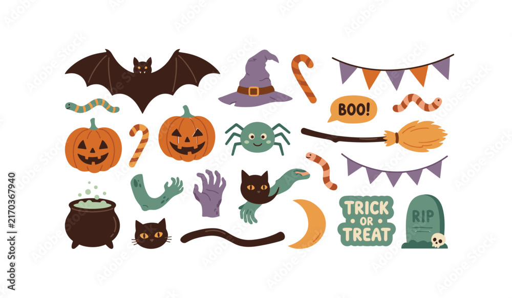 Fototapeta premium Halloween cute vector element collection set with spooky bat pumpkin jackolantern witch hat spider cauldron broom zombie hand tombstone