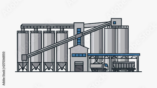 Industrial Grain Elevator with Conveyor Belt and Truck Loading Area