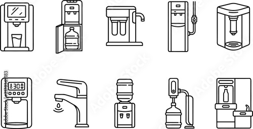 Home and Office Water Purification and Dispenser Systems Line Icon Set Featuring Reverse Osmosis Filters Smart Faucets Countertop Dispensers and Water Fountains