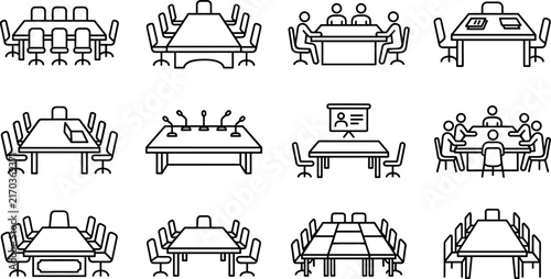 Office Conference Table and Meeting Room Line Icon Set Featuring Boardroom Tables Chairs Presentation Screens Microphones and Business Collaboration Groups