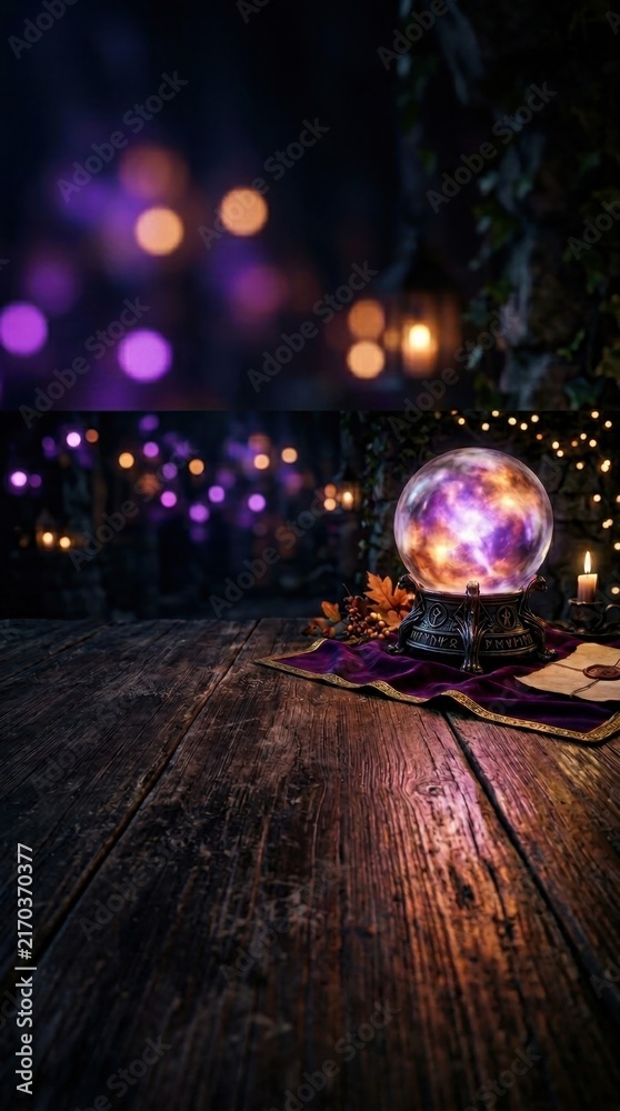 Naklejka premium Magic crystal ball glowing on wooden table with purple cloth and autumn leaves near candle in dark room with blurred background lights.
