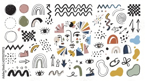 Eclectic hand drawn artistic doodle elements featuring abstract faces and geometric shapes