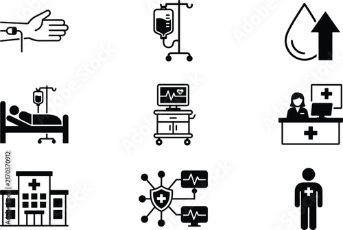 Hospitalization and intensive clinical patient care black solid glyph icon set featuring intravenous therapy monitoring station building vector elements