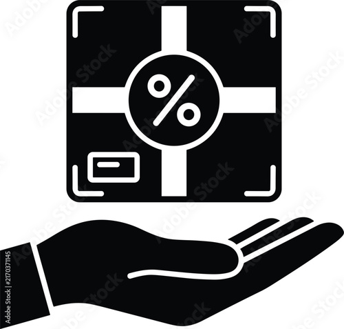 Hand holding box with percentage sign representing gift discount promo retail delivery special bonus voucher offer vector