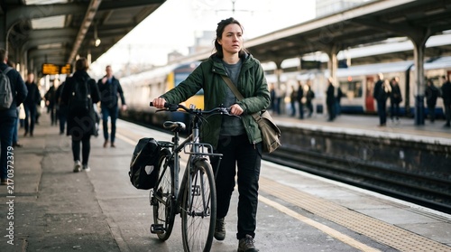 Young caucasian woman walking with bicycle along railway station platform. Active commuter combining passenger train travel with daily cycling commute.