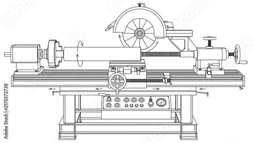 Obraz na płótnie Industrial lathe machine technical drawing white background.