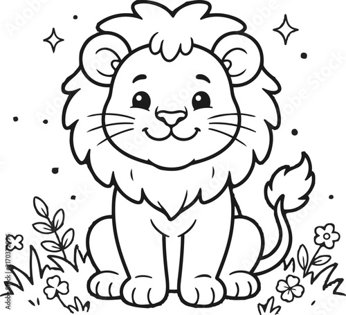 Cute Lion Sitting In Garden - Adorable Friendly Wild Animal Coloring Page Illustration