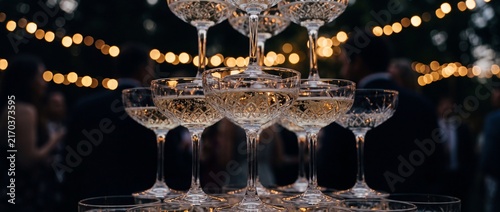 Sparkling champagne coupe glass tower arranged for elegant evening wedding celebration with soft warm bokeh fairy lights background