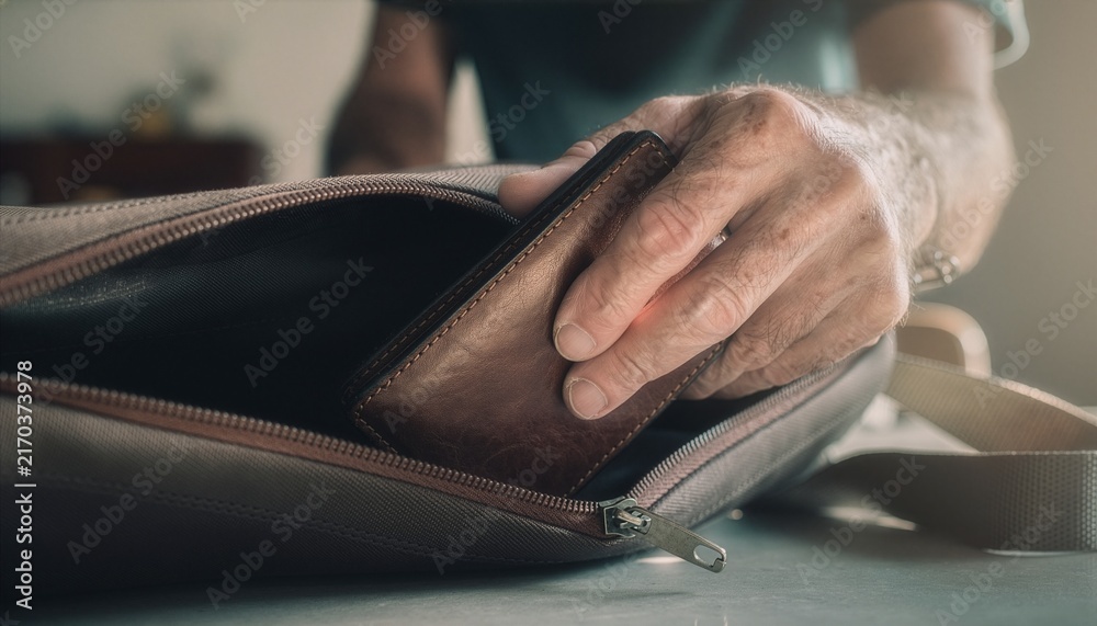 Fototapeta premium Close-up of a hand reaching into an open shoulder bag and grabbing a brown wallet.