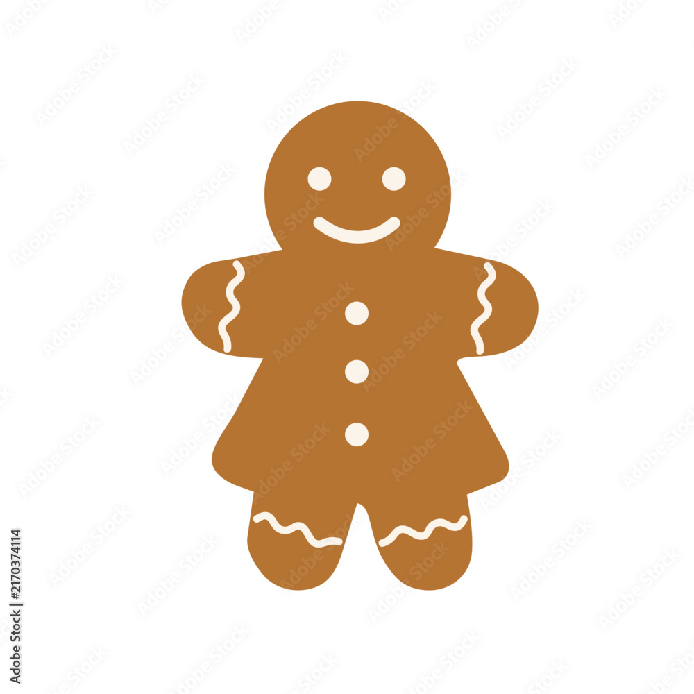 Fototapeta premium Classic gingerbread man cookie vector illustration. Flat cartoon Christmas sweet biscuit with white icing, holiday bakery treat isolated design element