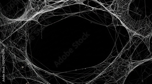 Halloween background Spider web with water droplets forming oval frame on black background with empty center space.