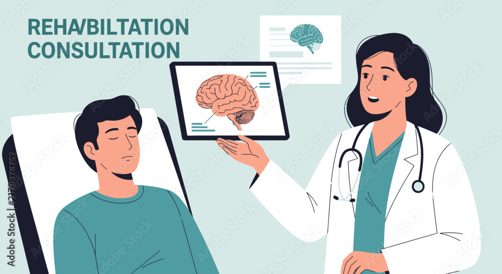 Fototapeta premium Doctor Consulting Patient About Brain Rehabilitation on Tablet