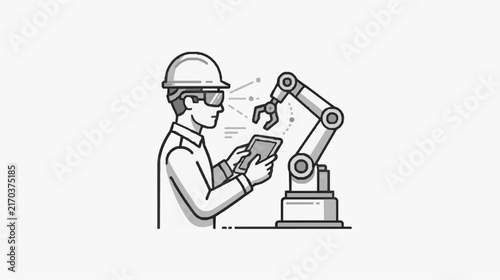Industrial Worker Controlling Smart Factory Robot Arm with Tablet Device