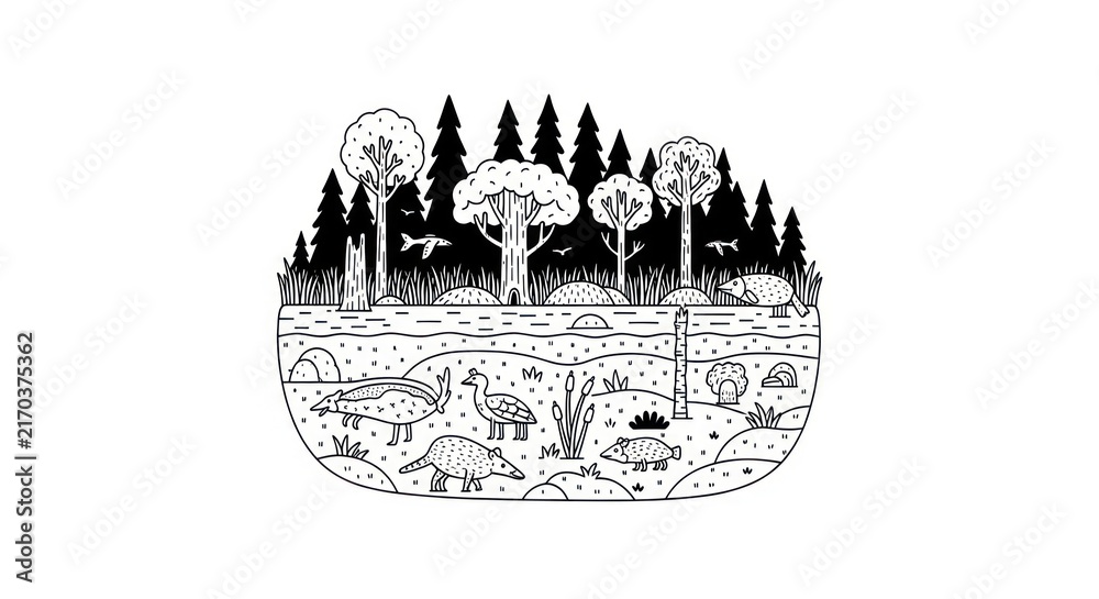 Fototapeta premium black and white forest landscape illustration.