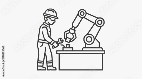 Industrial Worker Collaborating with Robotic Arm in Manufacturing Setup
